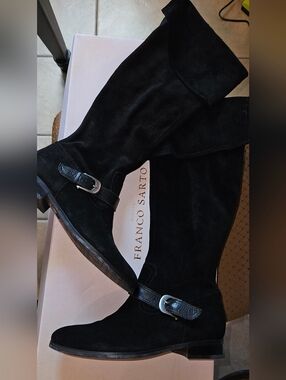 Franco Sarto Black Suede Over-the-Knee Boots with Buckle